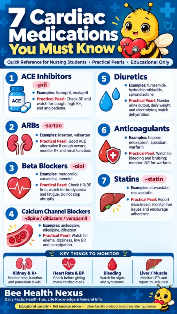 Infographic titled 7 Cardiac Medications You Must Know. It lists ACE inhibitors (-pril), ARBs (-sartan), beta blockers (-olol), calcium channel blockers, diuretics, anticoagulants and statins, with what to monitor for each: kidney function and potassium, heart rate and blood pressure, bleeding, and liver and muscle symptoms.